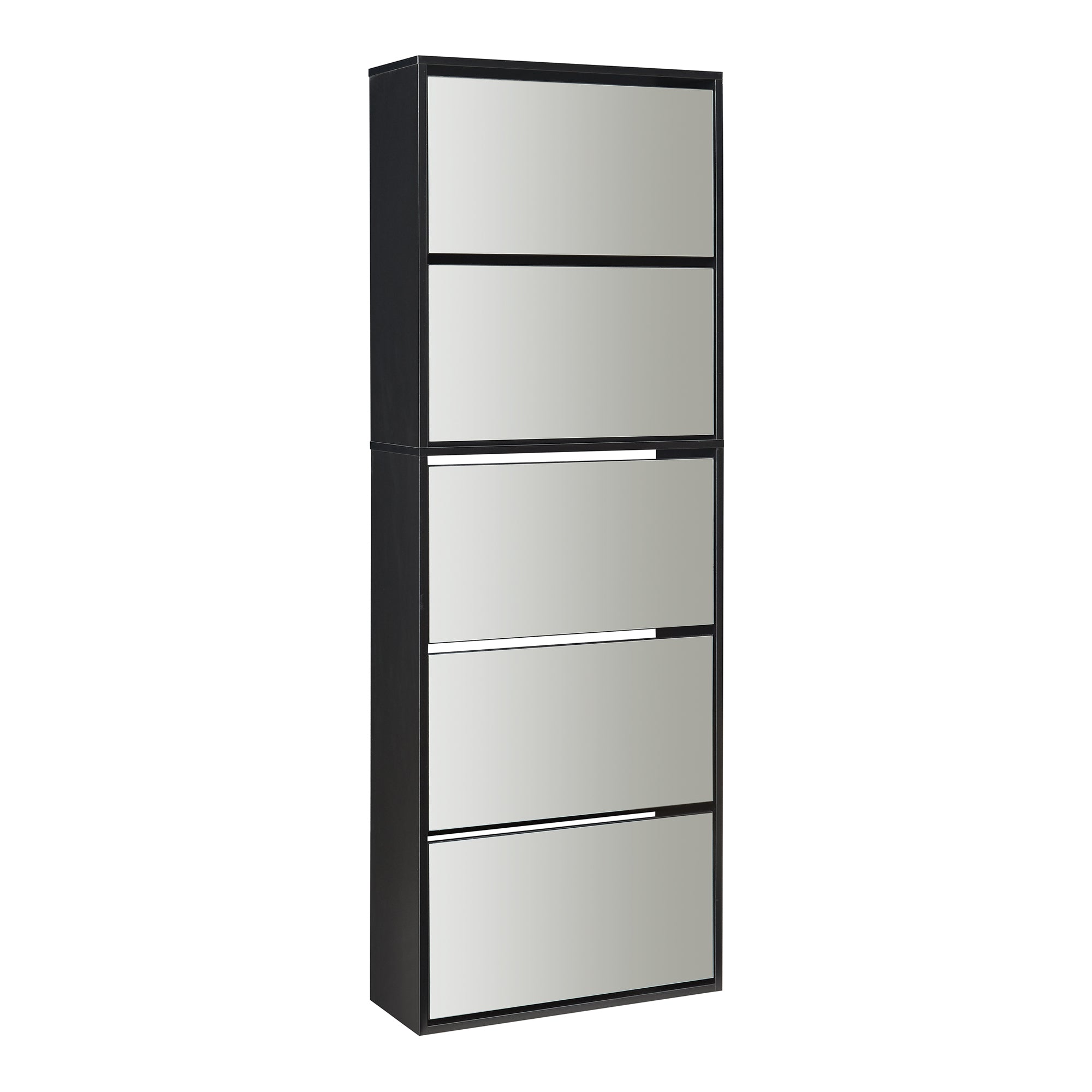 Scarpiera Stretta Lund con Ante a Specchio e 5 Contenitori Ribaltabili - Nero [en.casa]