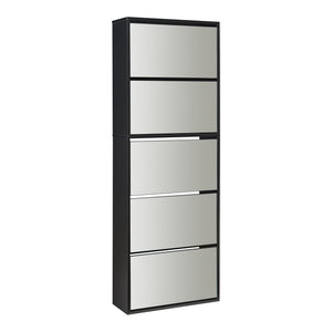 Scarpiera Stretta Lund con Ante a Specchio e 5 Contenitori Ribaltabili - Nero [en.casa]