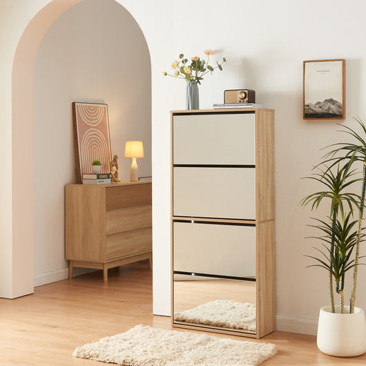 Scarpiera Stretta Lund con Ante a Specchio e 4 Contenitori Ribaltabili - Effetto Rovere Sonoma [en.casa]