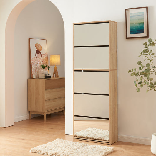 Scarpiera Stretta Lund con Ante a Specchio e 5 Contenitori Ribaltabili - Effetto Rovere Sonoma [en.casa]