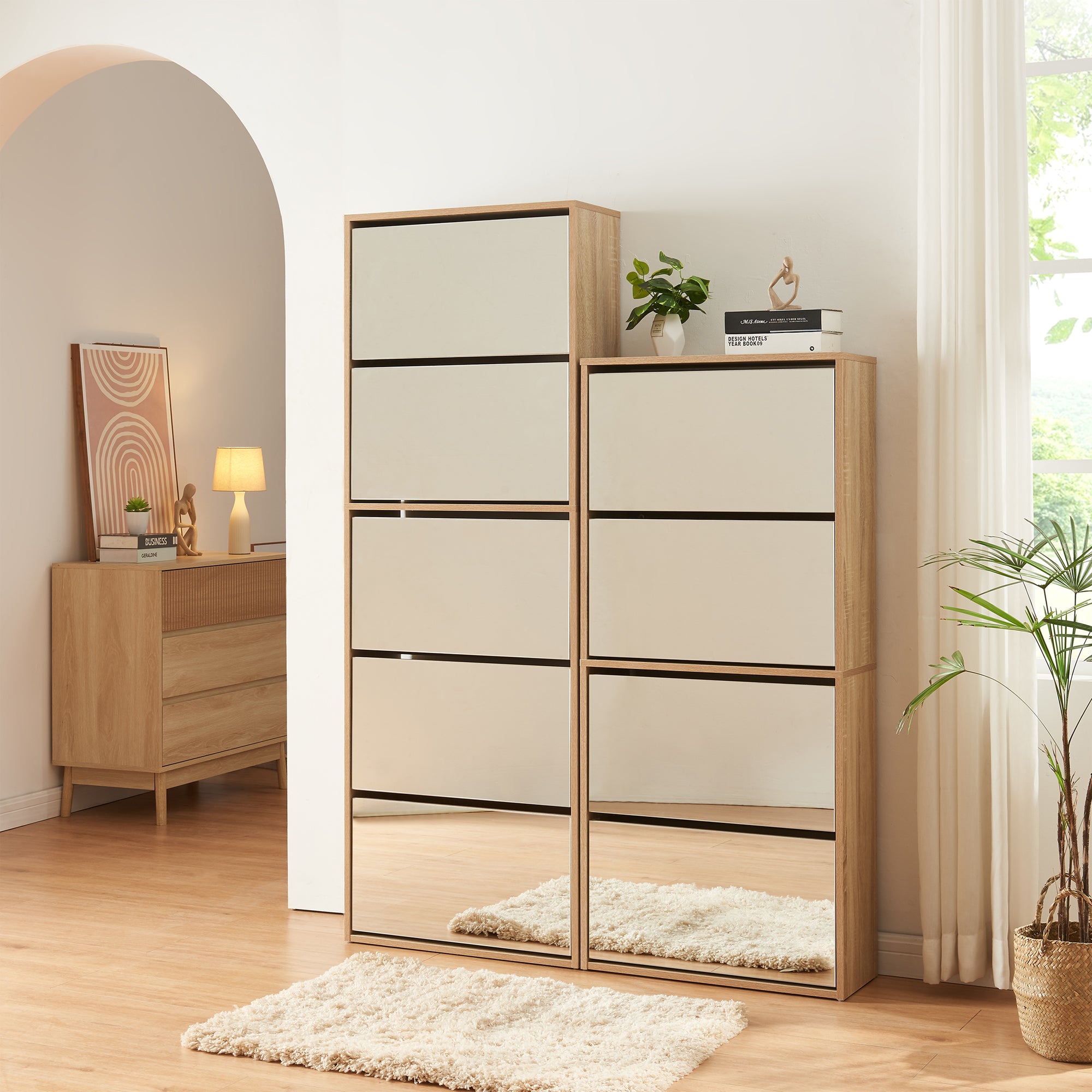 Scarpiera Stretta Lund con Ante a Specchio e 5 Contenitori Ribaltabili - Effetto Rovere Sonoma [en.casa]