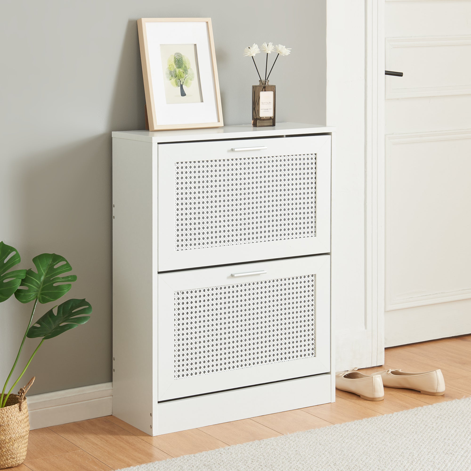 Scarpiera Vesilahti a 2 Contenitori Ribaltabili 80 x 60 x 24 cm - Effetto Rattan / Bianco [en.casa]