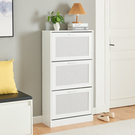 Scarpiera Vesilahti a 3 Contenitori Ribaltabili 115 x 60 x 24 cm - Effetto Rattan / Bianco [en.casa]