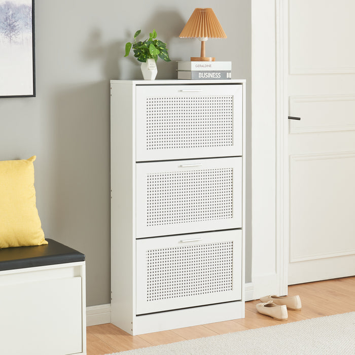 Scarpiera Vesilahti a 3 Contenitori Ribaltabili 115 x 60 x 24 cm - Effetto Rattan / Bianco [en.casa]