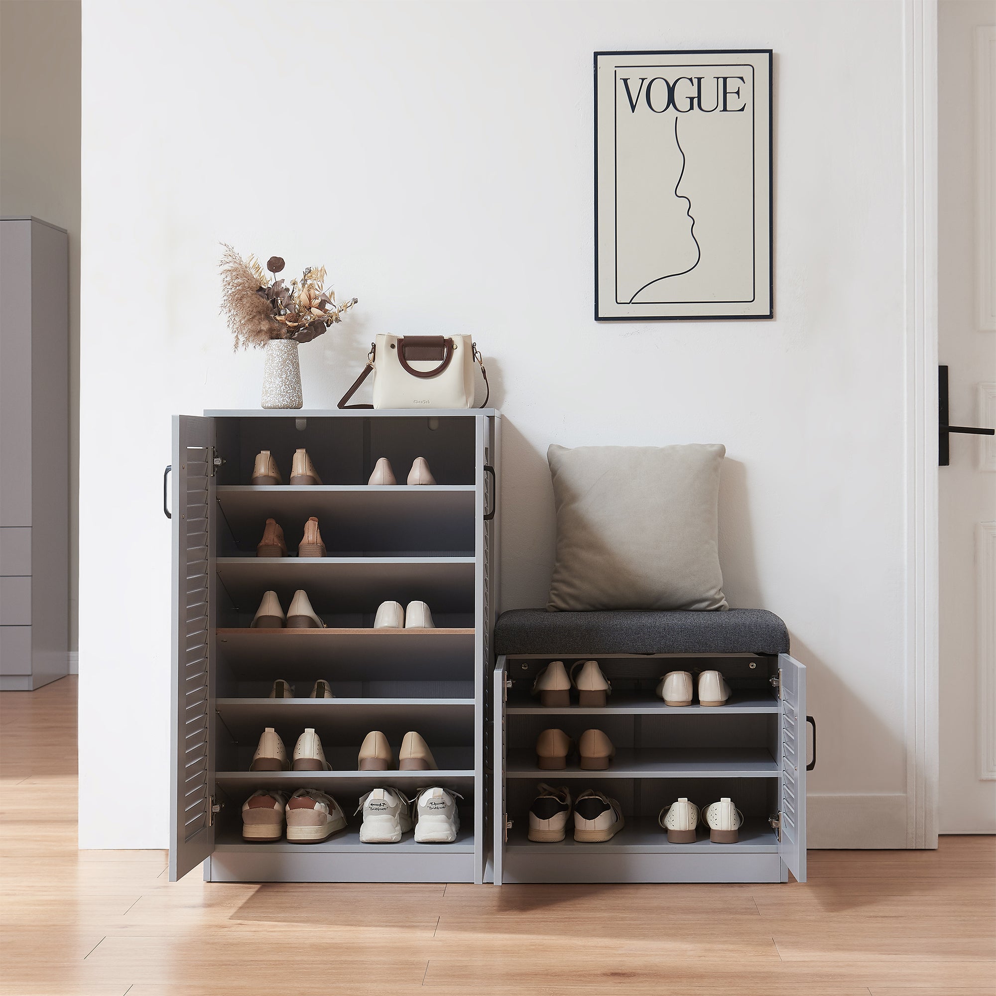 Set Løten di Armadio Scarpiera e Panca 97 x 120 x 36 cm Grigio [en.casa]