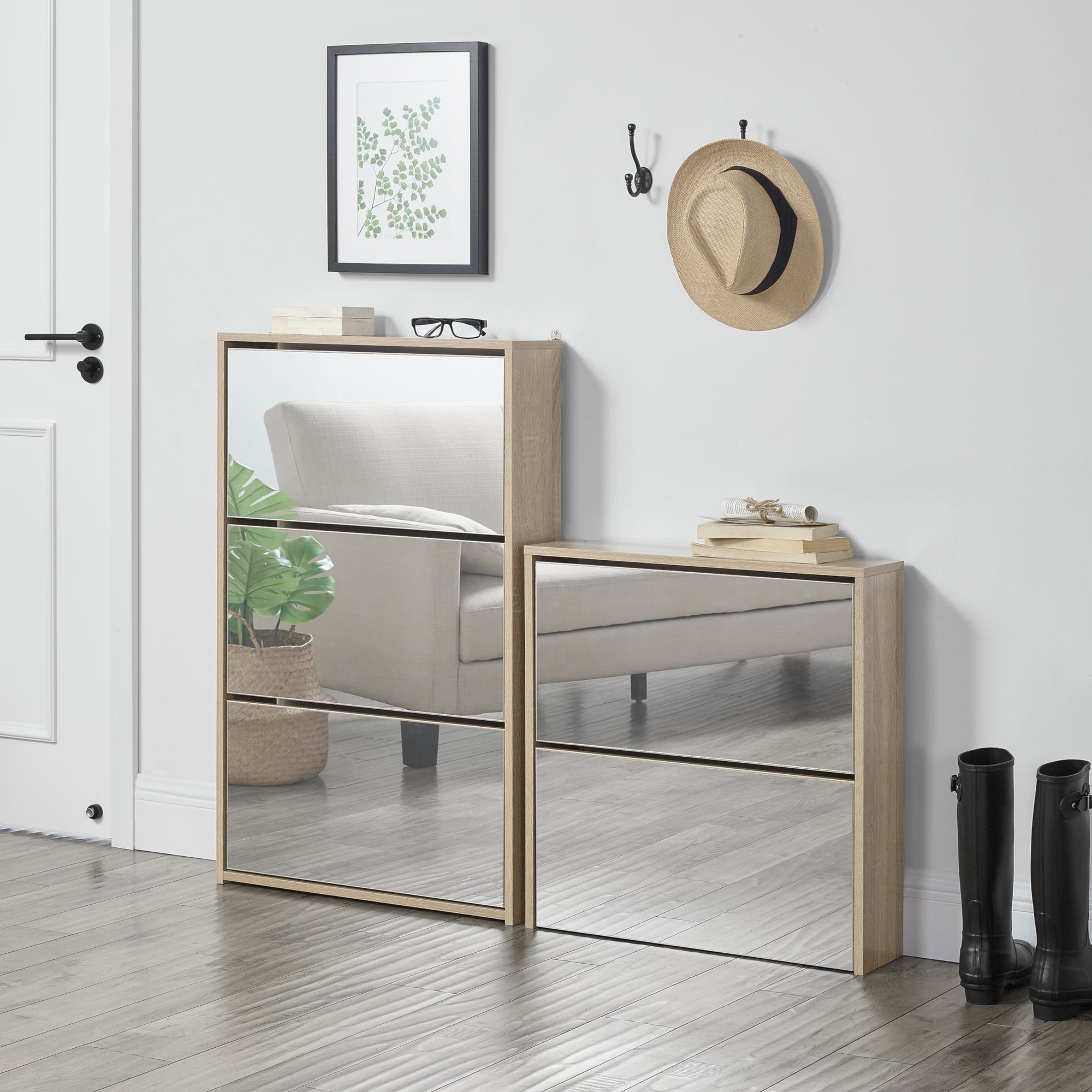 Scarpiera Stretta Lund con Ante a Specchio e 2 Contenitori Ribaltabili - Effetto Rovere Sonoma [en.casa]