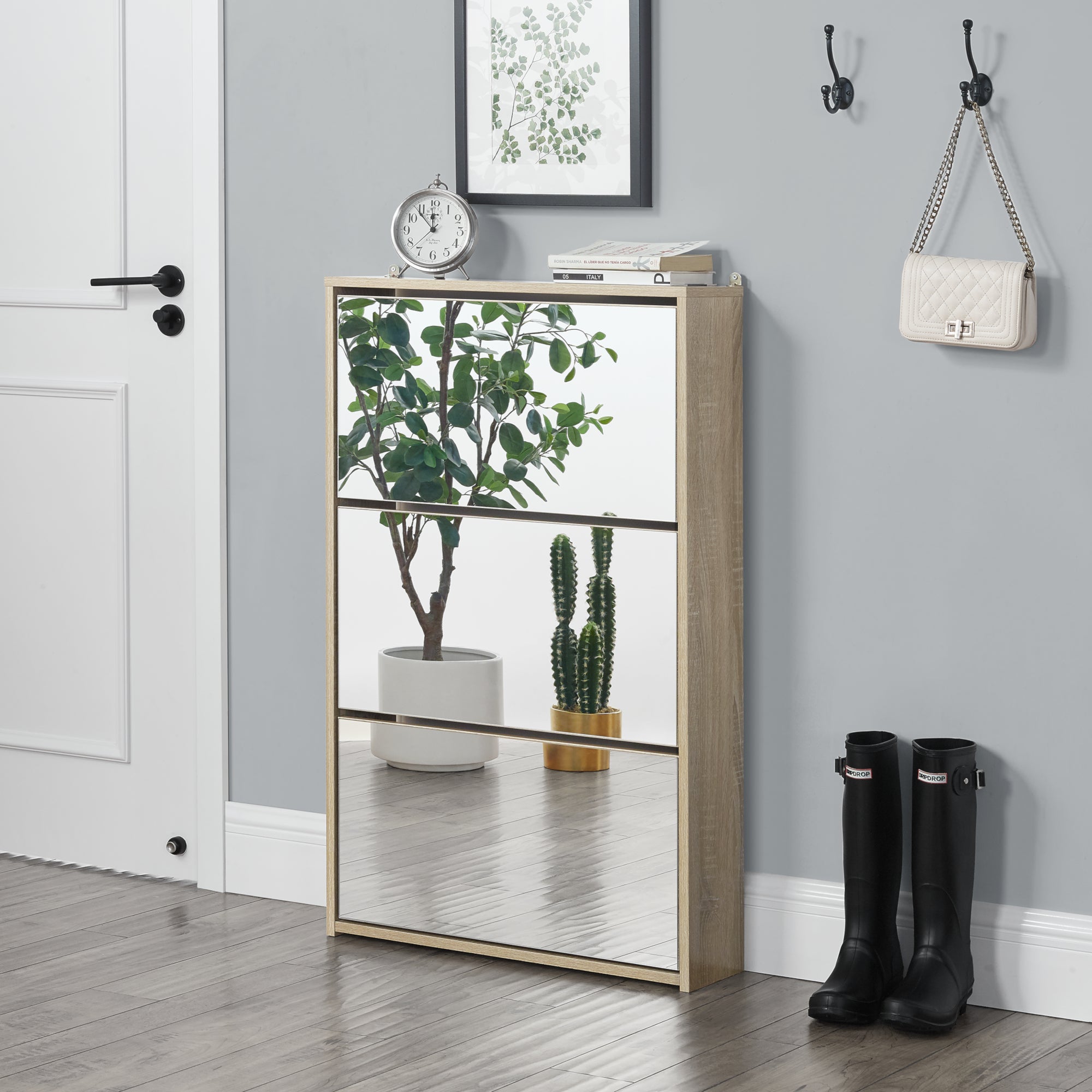 Scarpiera Stretta Lund con Ante a Specchio e 3 Contenitori Ribaltabili - Effetto Rovere Sonoma [en.casa]