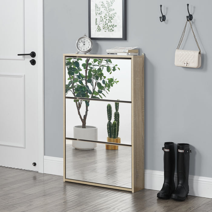 Scarpiera Stretta Lund con Ante a Specchio e 3 Contenitori Ribaltabili - Effetto Rovere Sonoma [en.casa]