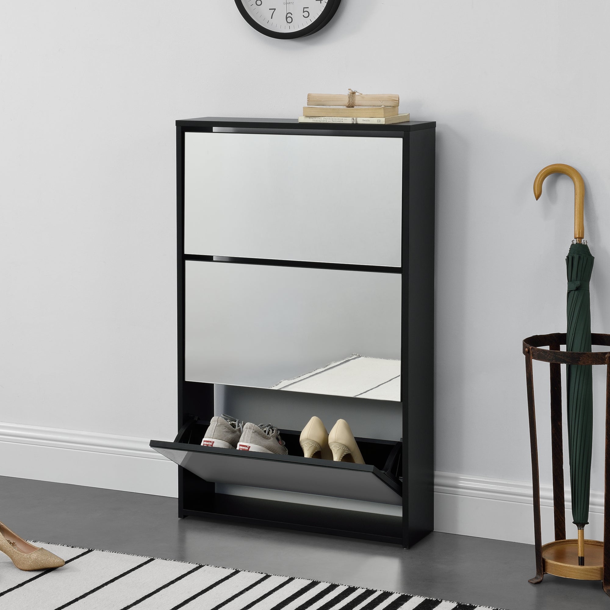 Scarpiera Vogar con 3 Contenitori Ribaltabili Mobile Portascarpe con Ante a Specchio 103x63x17 cm Nero [en.casa]