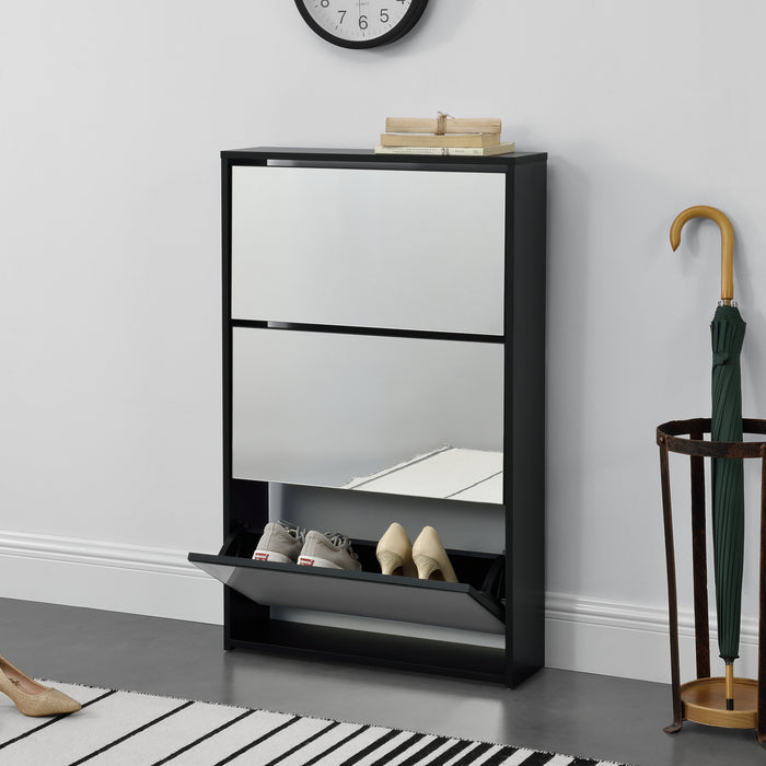 Scarpiera Vogar con 3 Contenitori Ribaltabili Mobile Portascarpe con Ante a Specchio 103x63x17 cm Nero [en.casa]