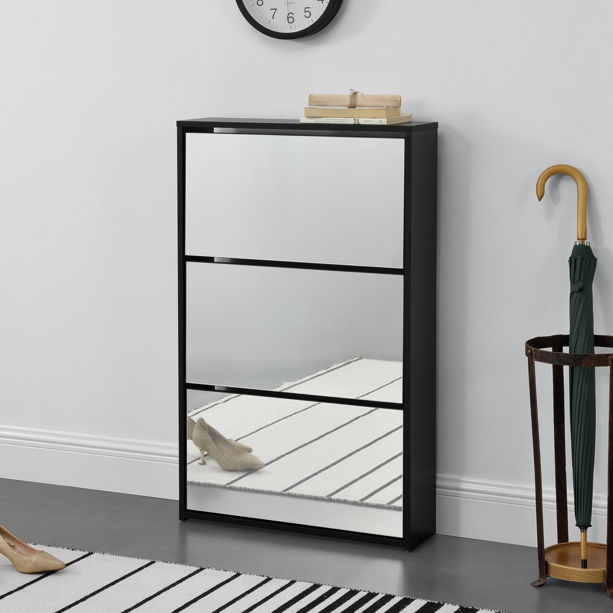 Scarpiera Vogar con 3 Contenitori Ribaltabili Mobile Portascarpe con Ante a Specchio 103x63x17 cm Nero [en.casa]