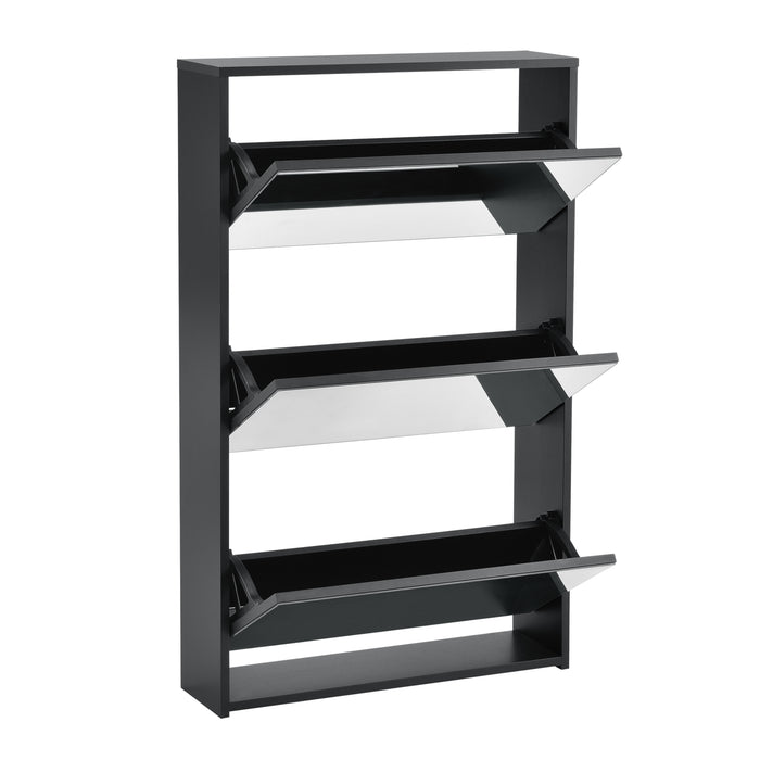 Scarpiera Vogar con 3 Contenitori Ribaltabili Mobile Portascarpe con Ante a Specchio 103x63x17 cm Nero [en.casa]