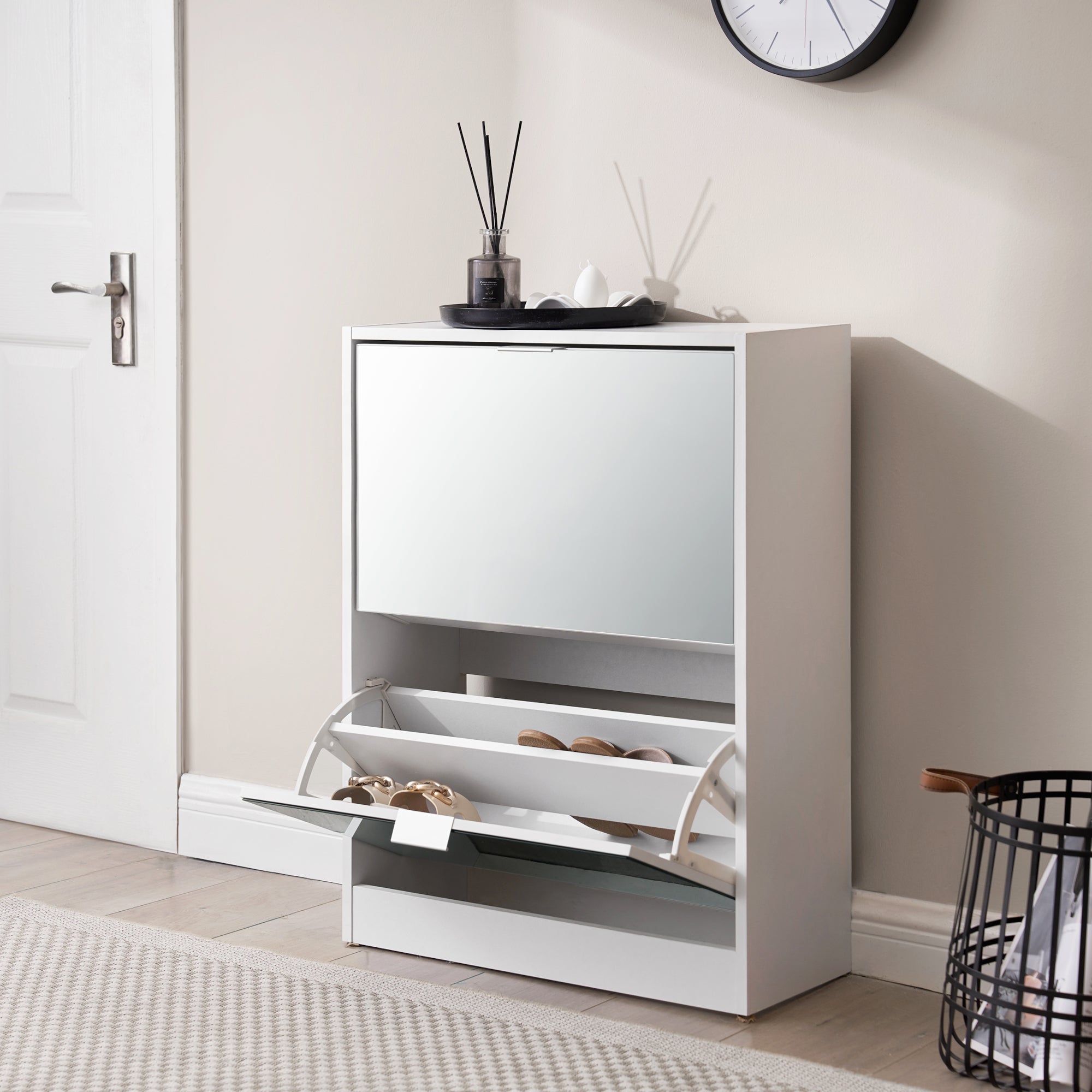 Scarpiera Salvaspazio Kragerø con 2 Contenitori Ribaltabili Ante a Specchio - Bianco [en.casa]