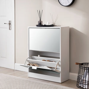 Scarpiera Salvaspazio Kragerø con 2 Contenitori Ribaltabili Ante a Specchio - Bianco [en.casa]