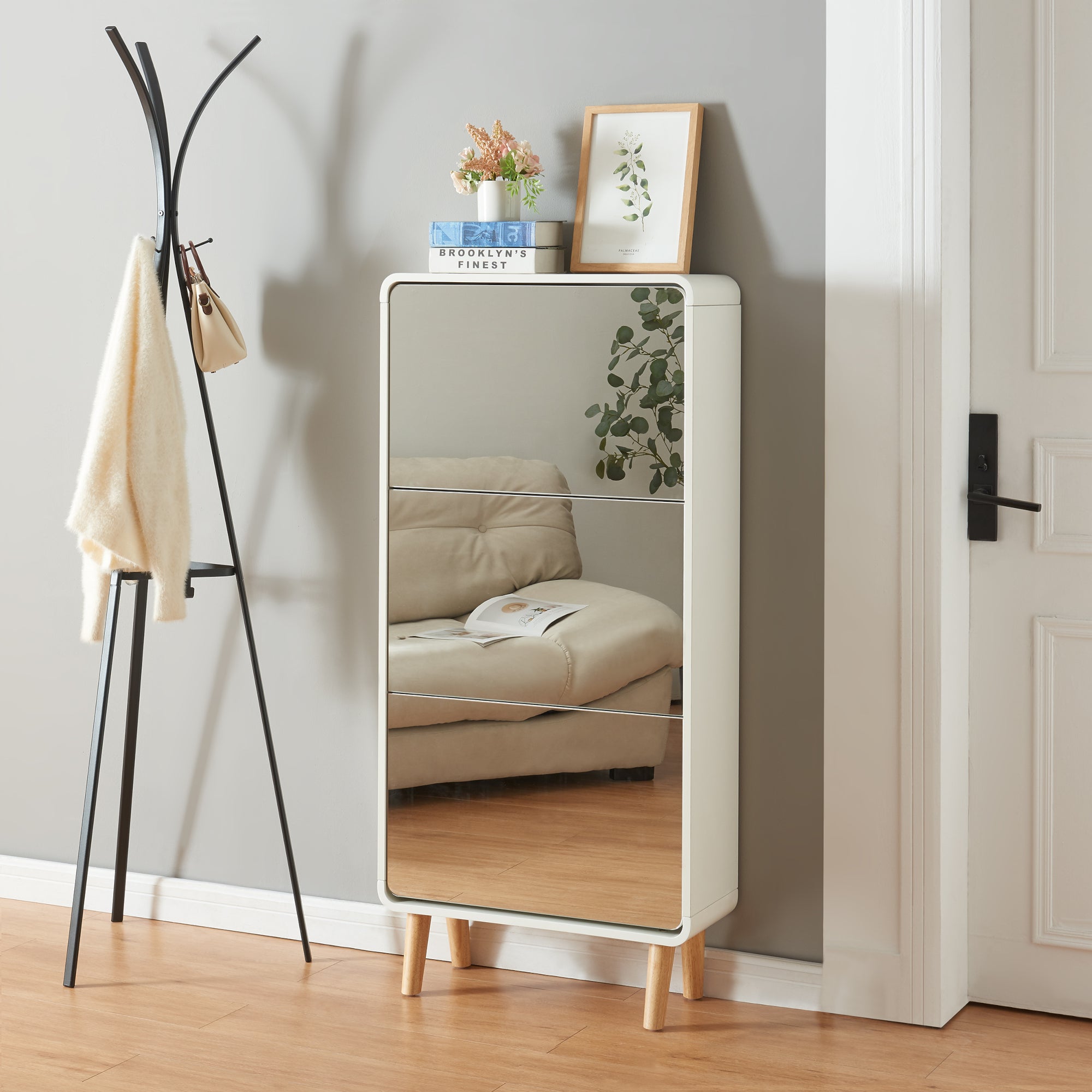 Scarpiera Aure con Ante a Specchio e 3 Contenitori Ribaltabili 134 x 63 x 24 cm Bianco [en.casa]