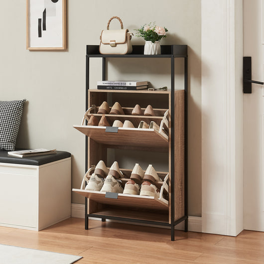 Scarpiera Salvaspazio Belana con Contenitori Ribaltabili e Piani di Appoggio 116x60x24 cm Nero/Effetto Rovere [en.casa]