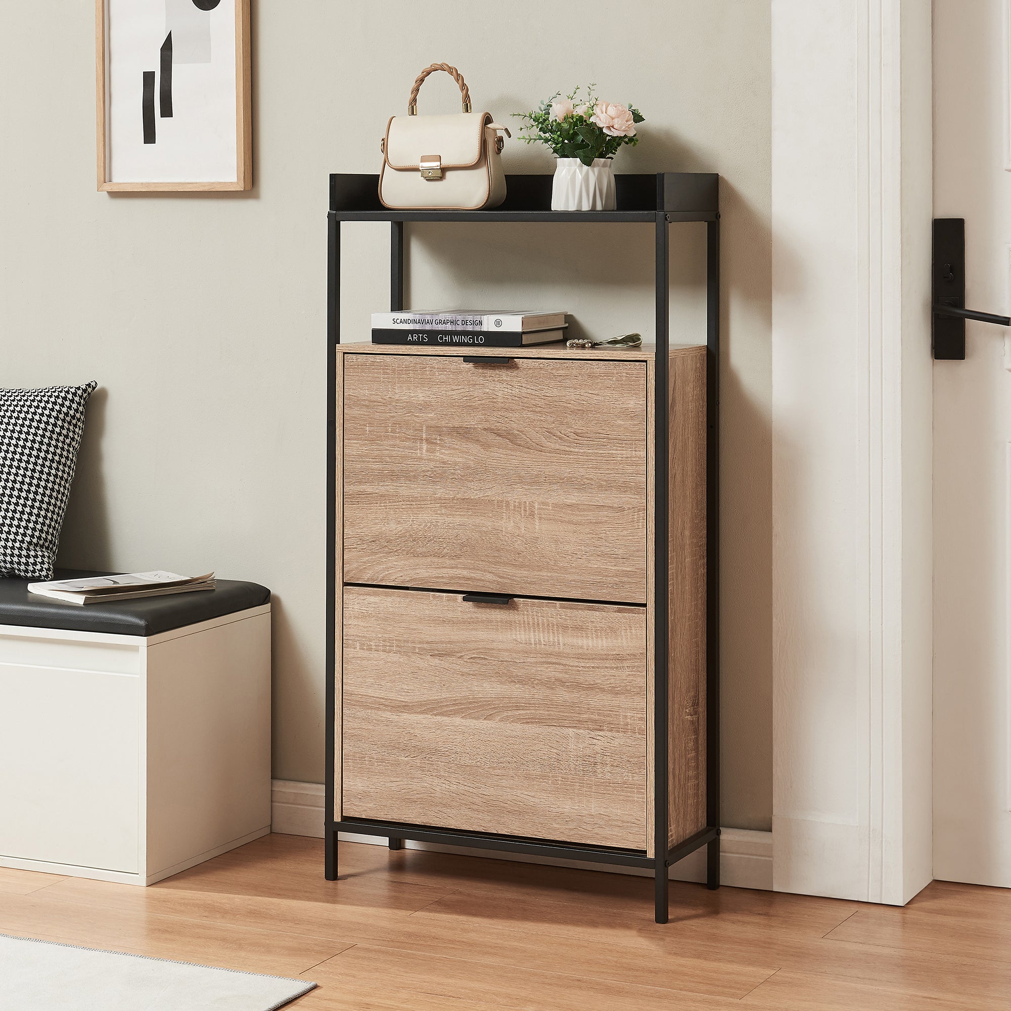 Scarpiera Salvaspazio Belana con Contenitori Ribaltabili e Piani di Appoggio 116x60x24 cm Nero/Effetto Rovere [en.casa]