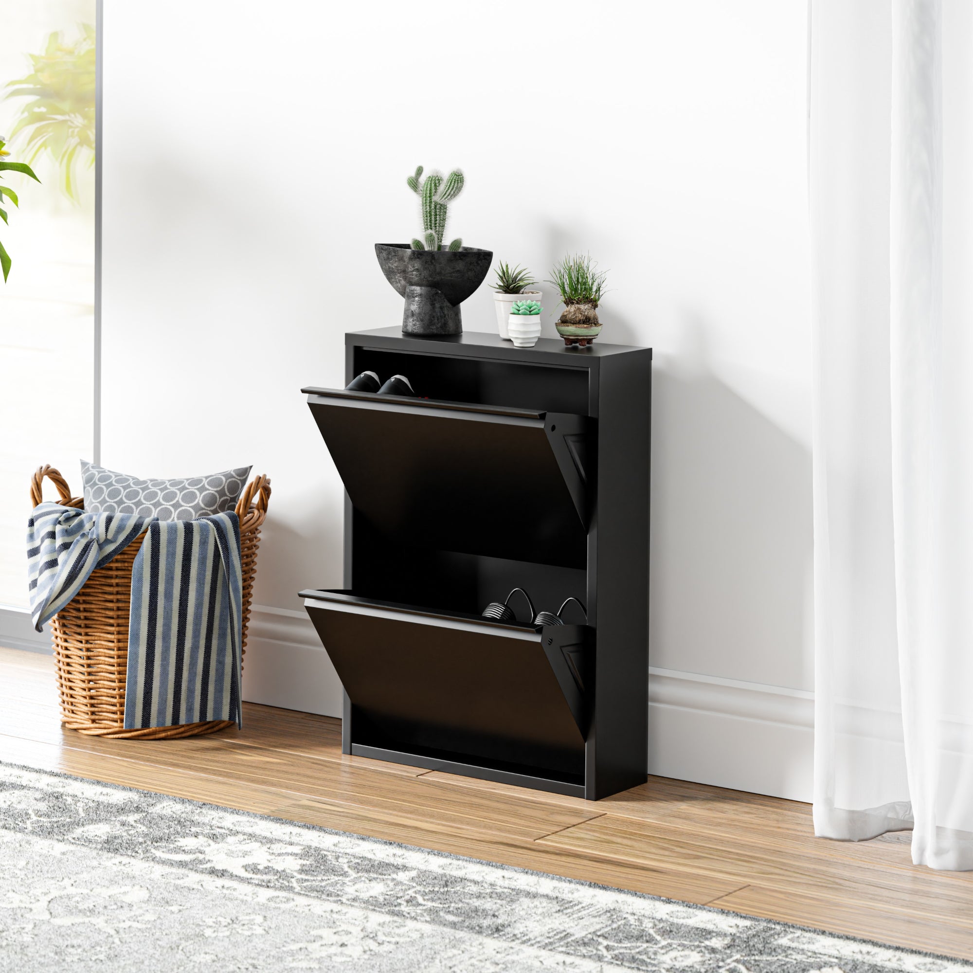 Scarpiera Sokndal con 2 Contenitori Ribaltabili Portascarpe in Metallo - Nero [en.casa]