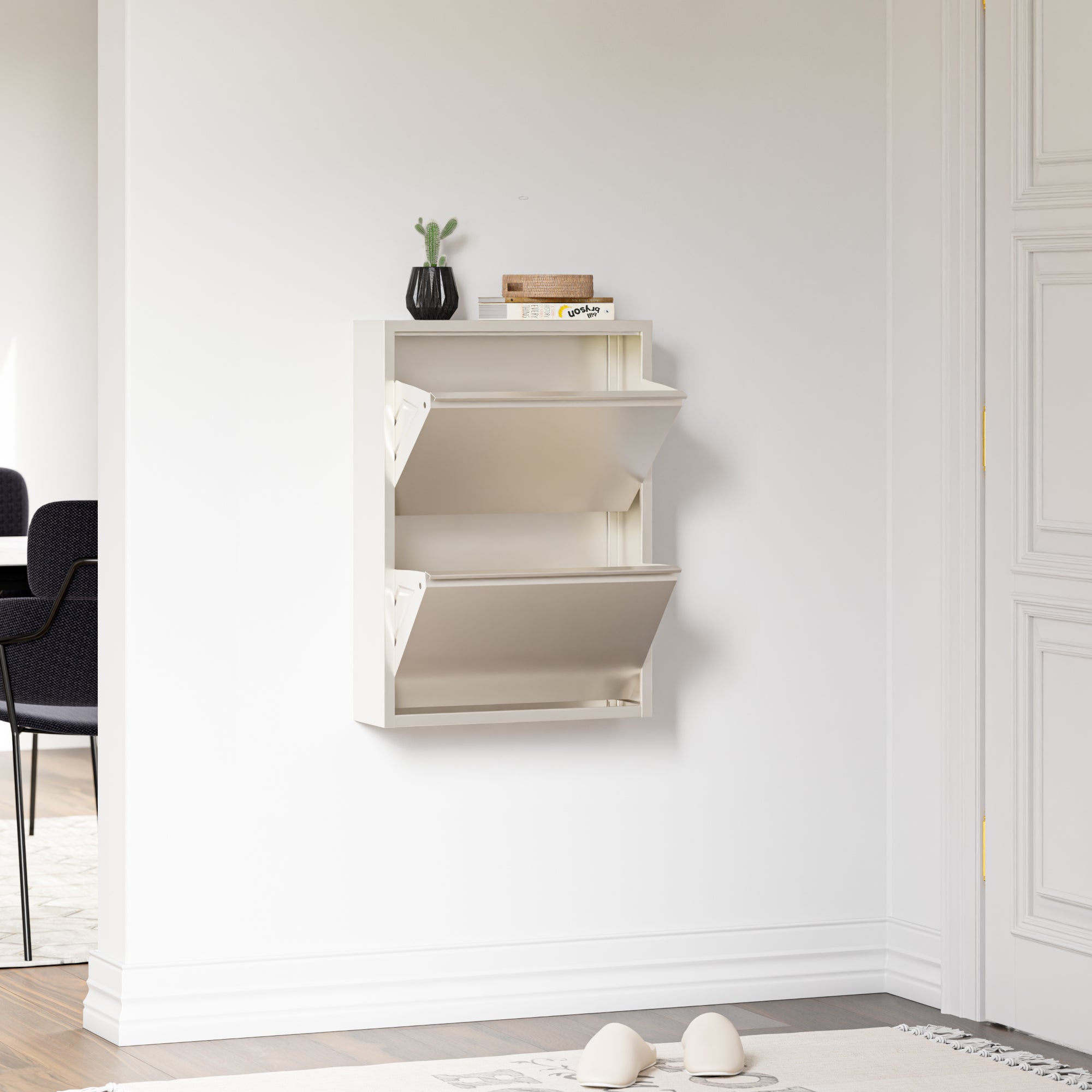 Scarpiera Sokndal con 2 Contenitori Ribaltabili Portascarpe in Metallo - Bianco Pepe [en.casa]