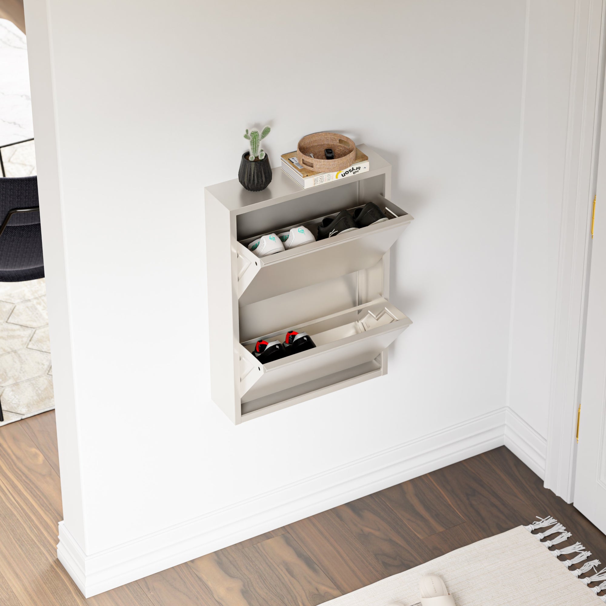 Scarpiera Sokndal con 2 Contenitori Ribaltabili Portascarpe in Metallo - Bianco Pepe [en.casa]