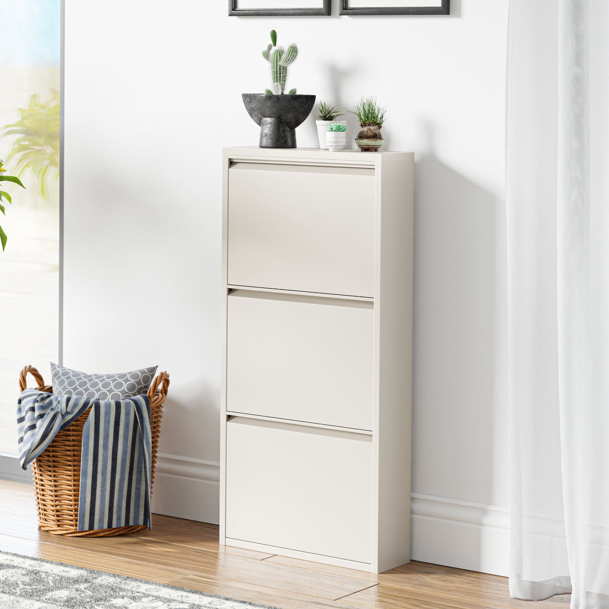 Scarpiera Sokndal con 3 Contenitori Ribaltabili Portascarpe in Metallo - Bianco Pepe [en.casa]