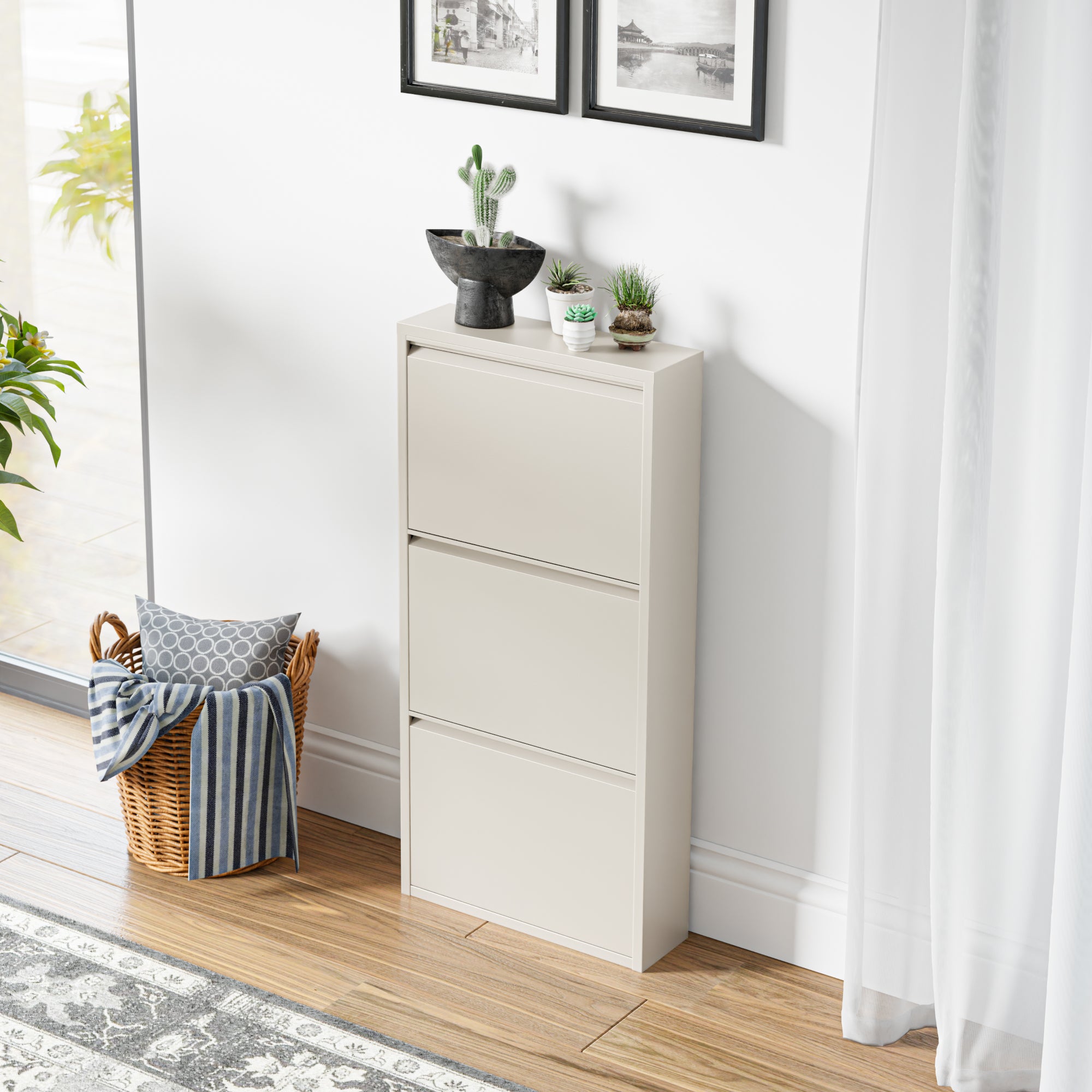 Scarpiera Sokndal con 3 Contenitori Ribaltabili Portascarpe in Metallo - Bianco Pepe [en.casa]