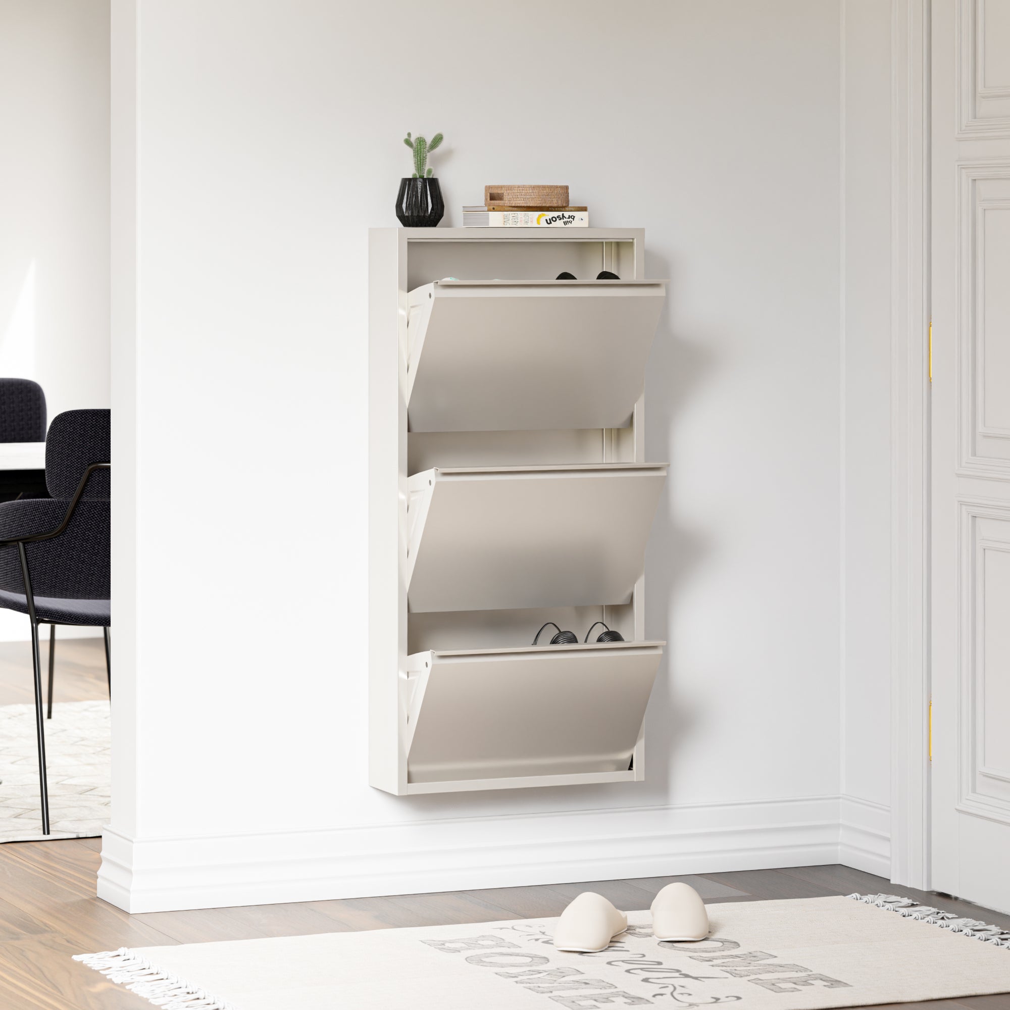 Scarpiera Sokndal con 3 Contenitori Ribaltabili Portascarpe in Metallo - Bianco Pepe [en.casa]