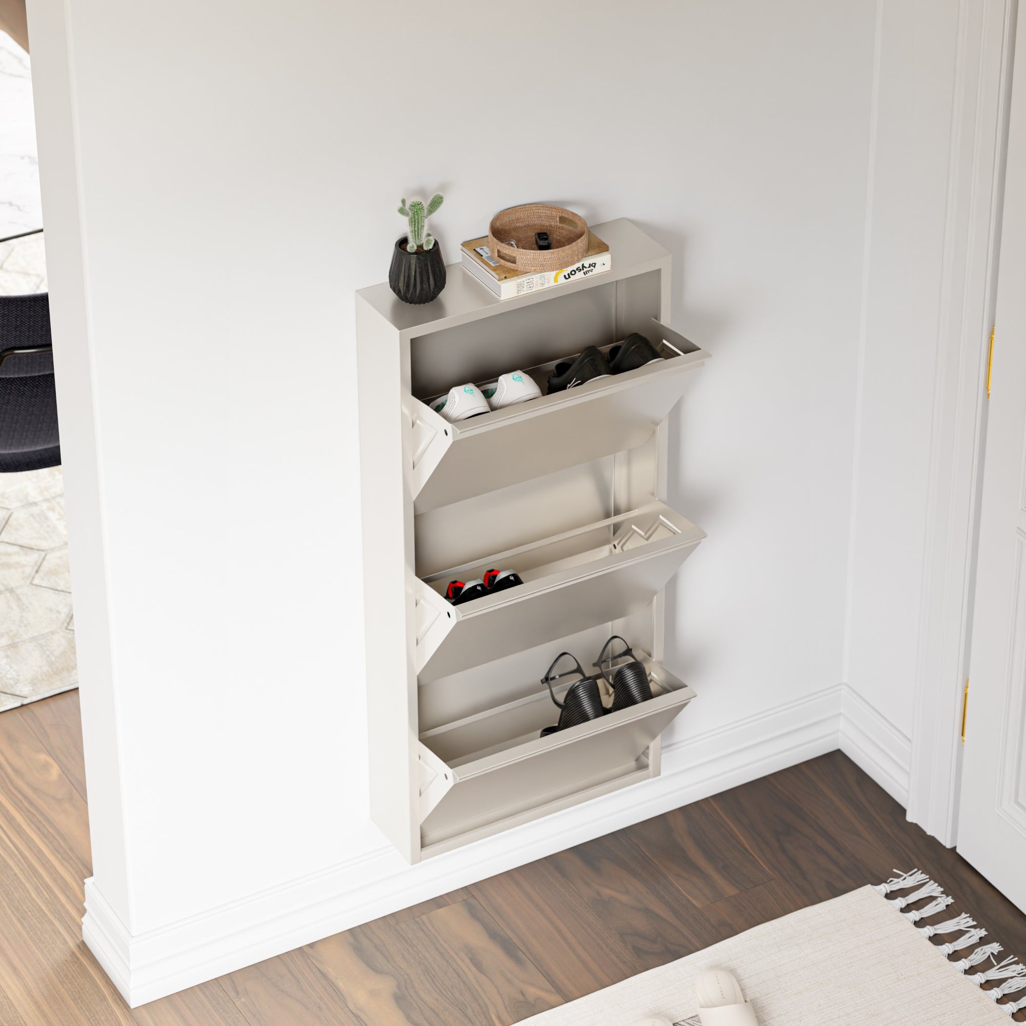 Scarpiera Sokndal con 3 Contenitori Ribaltabili Portascarpe in Metallo - Bianco Pepe [en.casa]