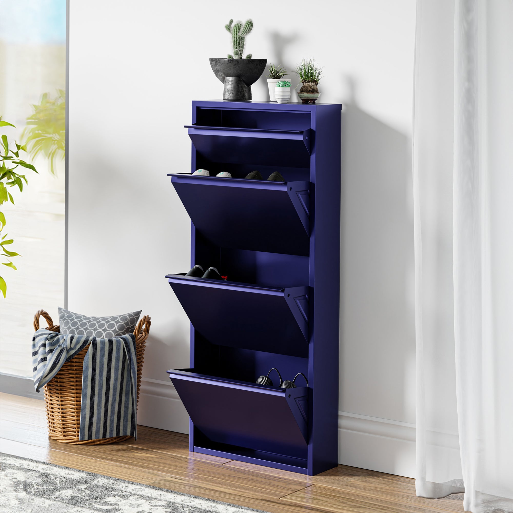 Scarpiera Sokndal con 3+1 Contenitori Ribaltabili Portascarpe in Metallo - Blu Notte [en.casa]