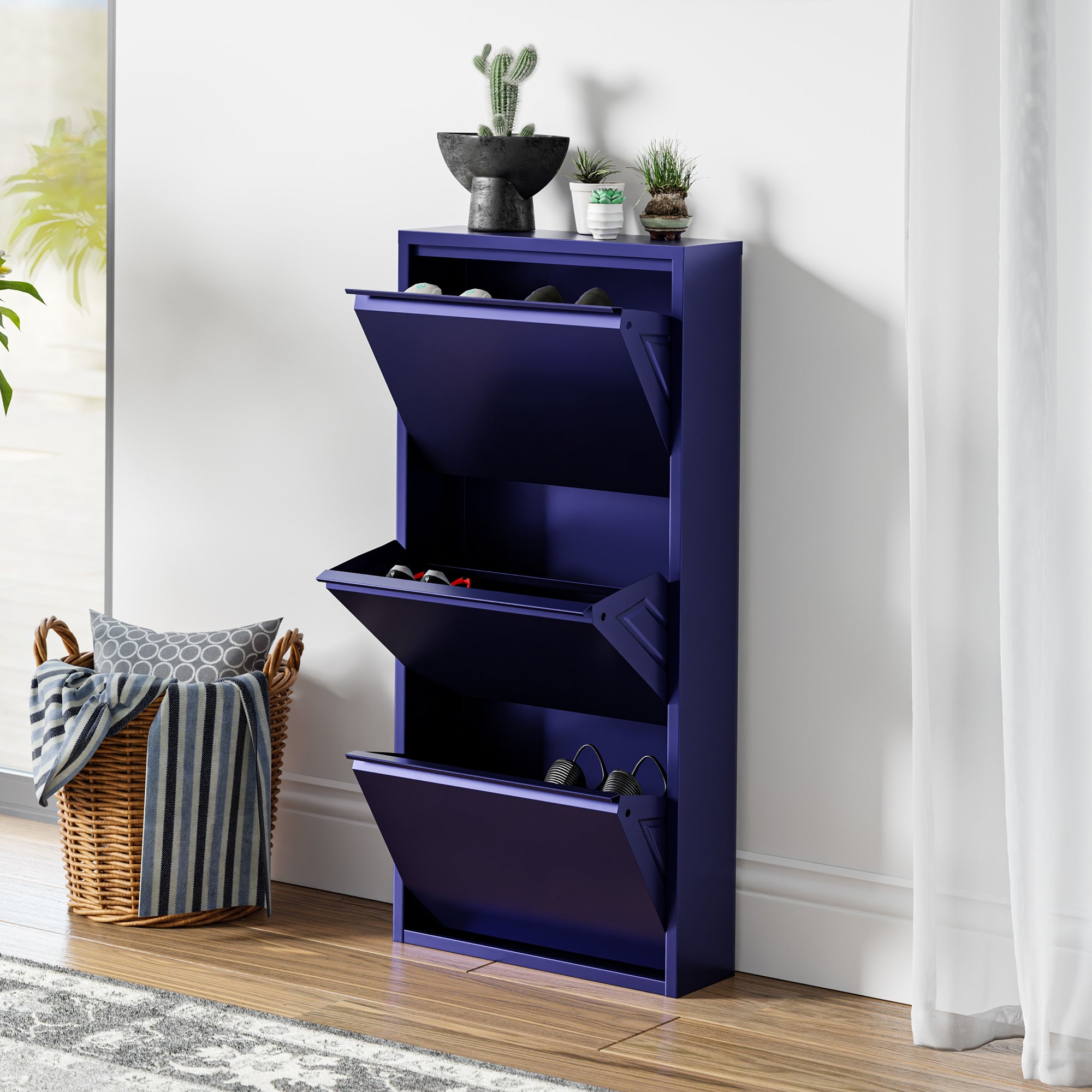 Scarpiera Sokndal con 3 Contenitori Ribaltabili Portascarpe in Metallo - Blu Notte [en.casa]