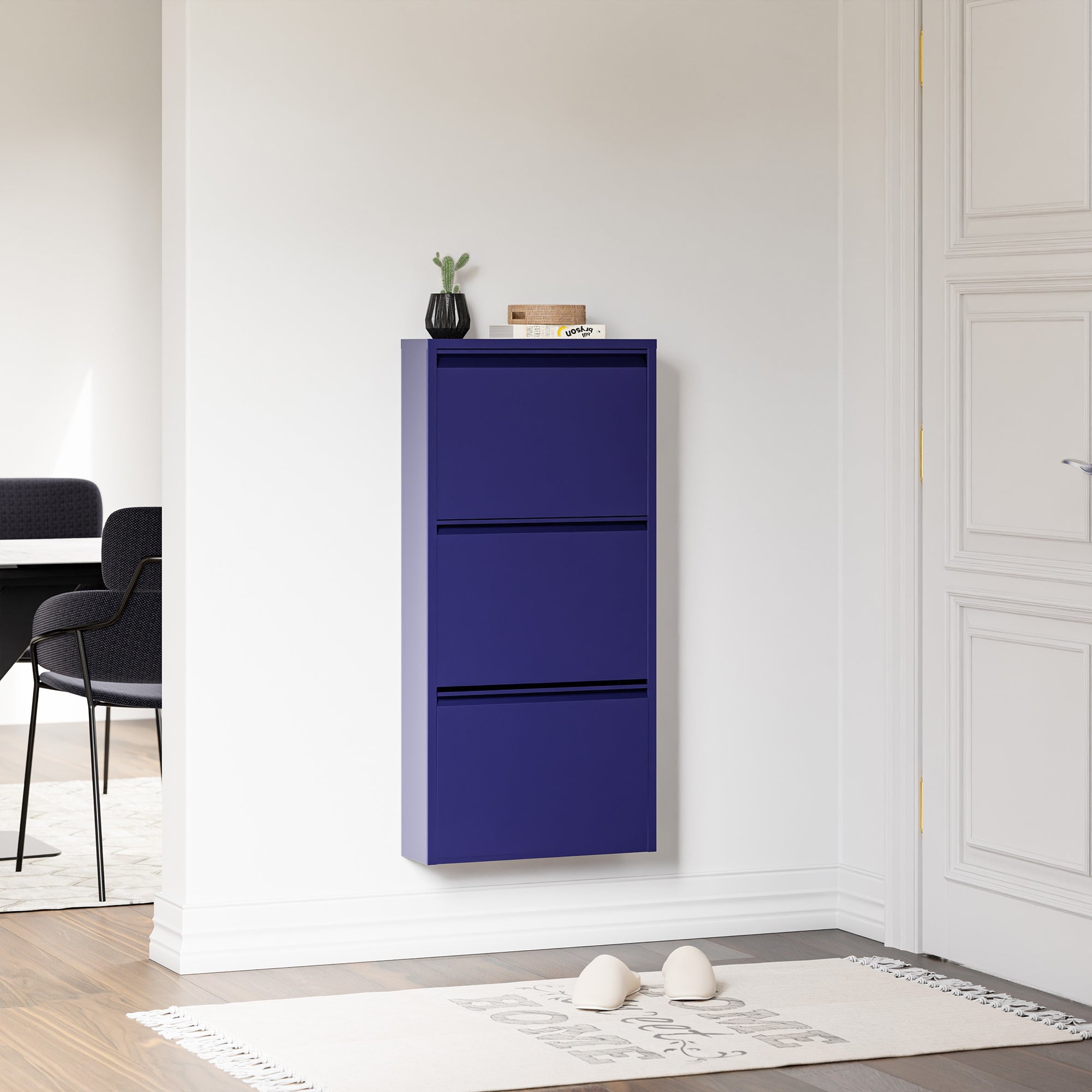 Scarpiera Sokndal con 3 Contenitori Ribaltabili Portascarpe in Metallo - Blu Notte [en.casa]