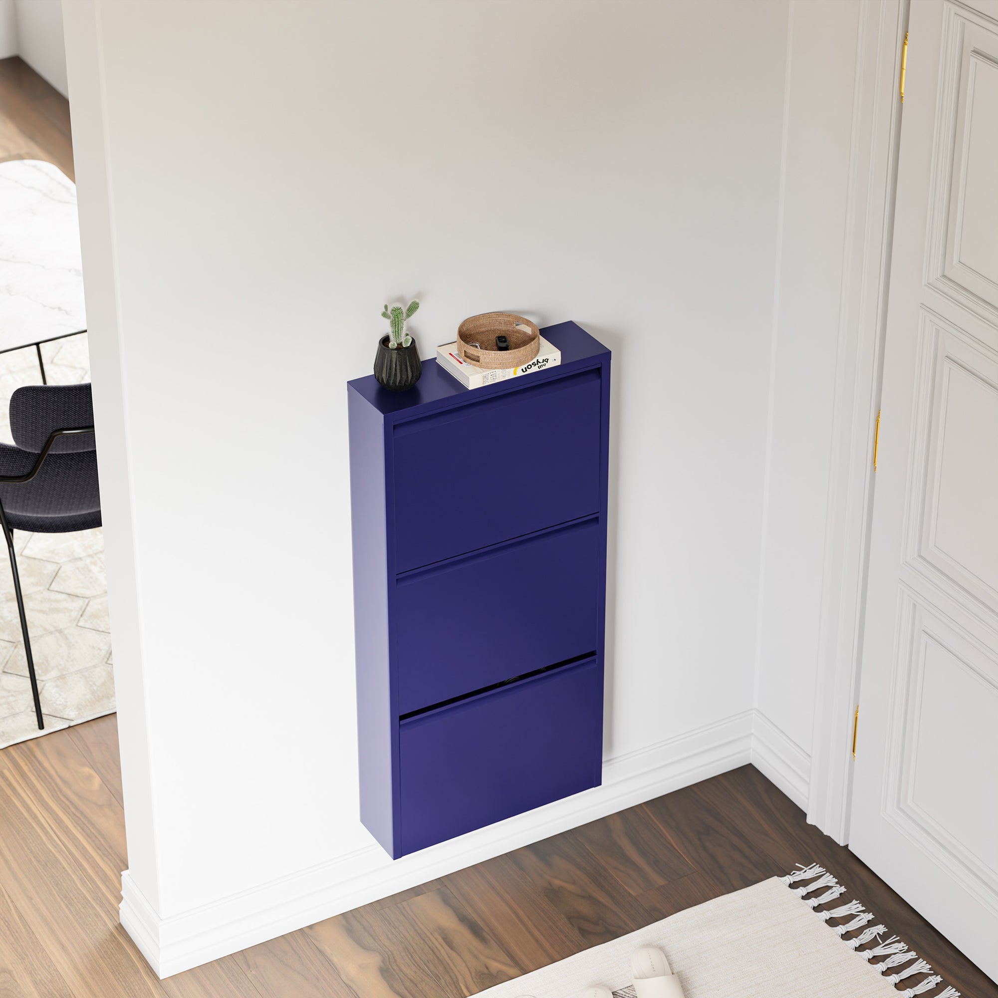 Scarpiera Sokndal con 3 Contenitori Ribaltabili Portascarpe in Metallo - Blu Notte [en.casa]