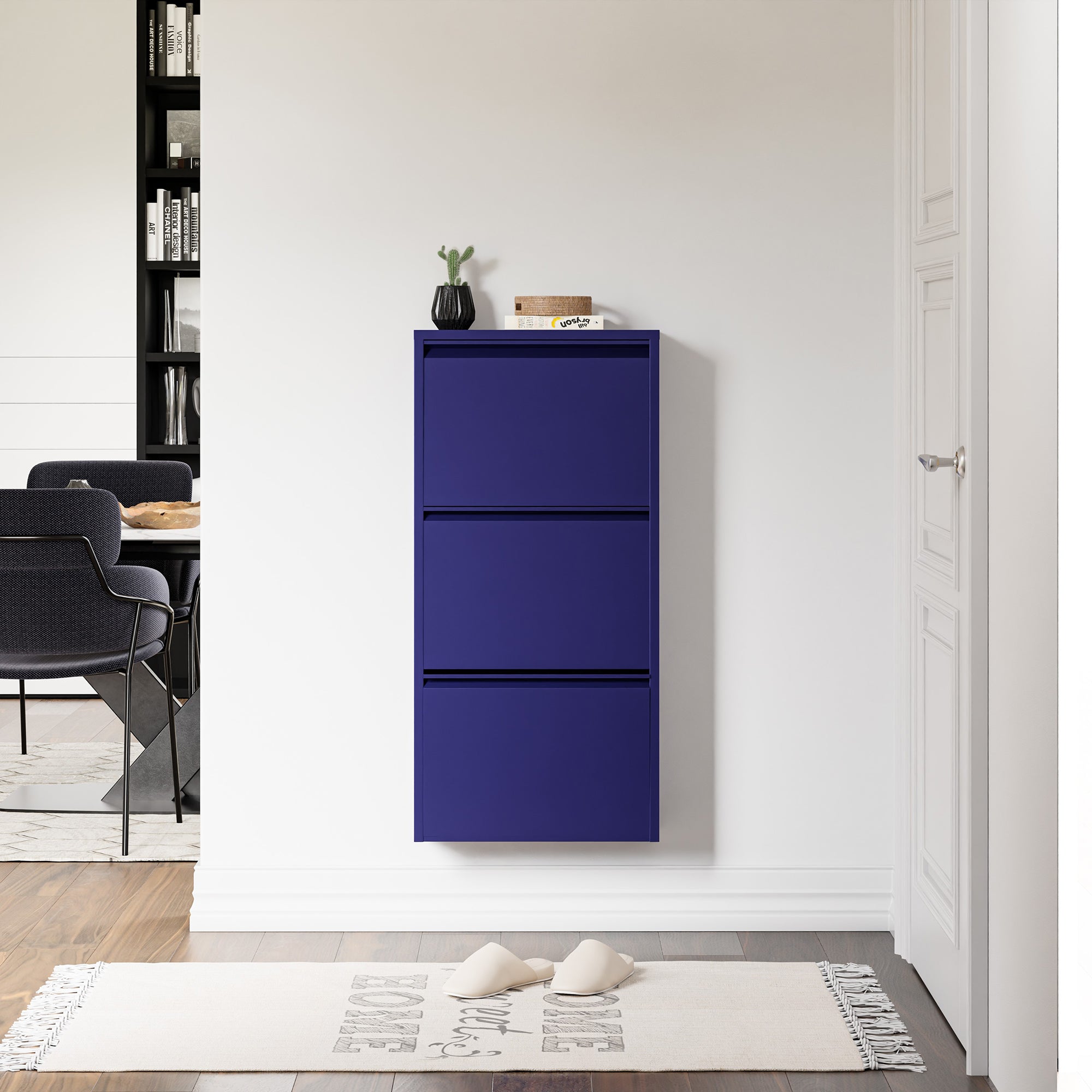 Scarpiera Sokndal con 3 Contenitori Ribaltabili Portascarpe in Metallo - Blu Notte [en.casa]