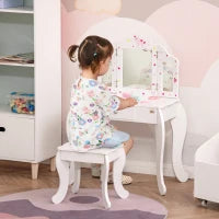 Toeletta per Bambini con Sgabello, Tavolo Trucco con Triplo Specchio e Cassetto, 63x40x85.5cm, Bianco