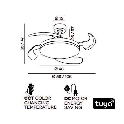 Ventilatore da Soffitto con luce Perenz 7190 B CT Bianco - Ø 106 cm, 4 Pale, 6 Velocità, Motore DC 35W, Silenzioso