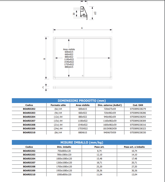 Bacheca per interno ante scorrevoli 9 x A4