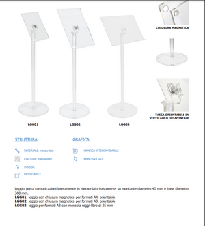 Leggio in plexiglass con portalibro A3
