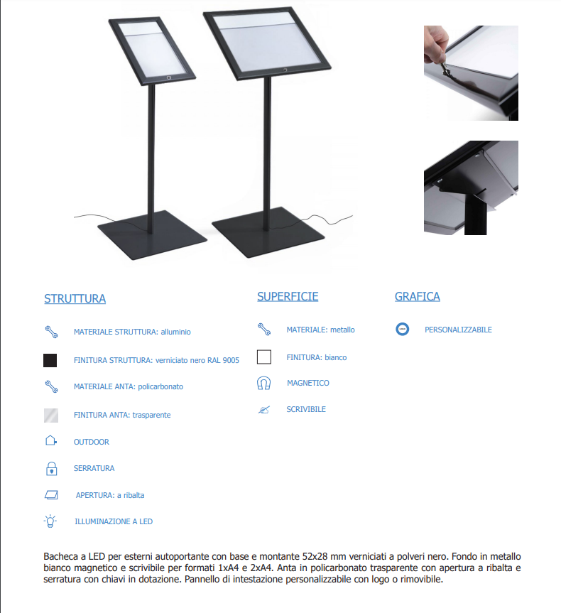 Leggio Menu per esterni Led Nero Ristoranti Alberghi Bed and Breakfast 4 x A4