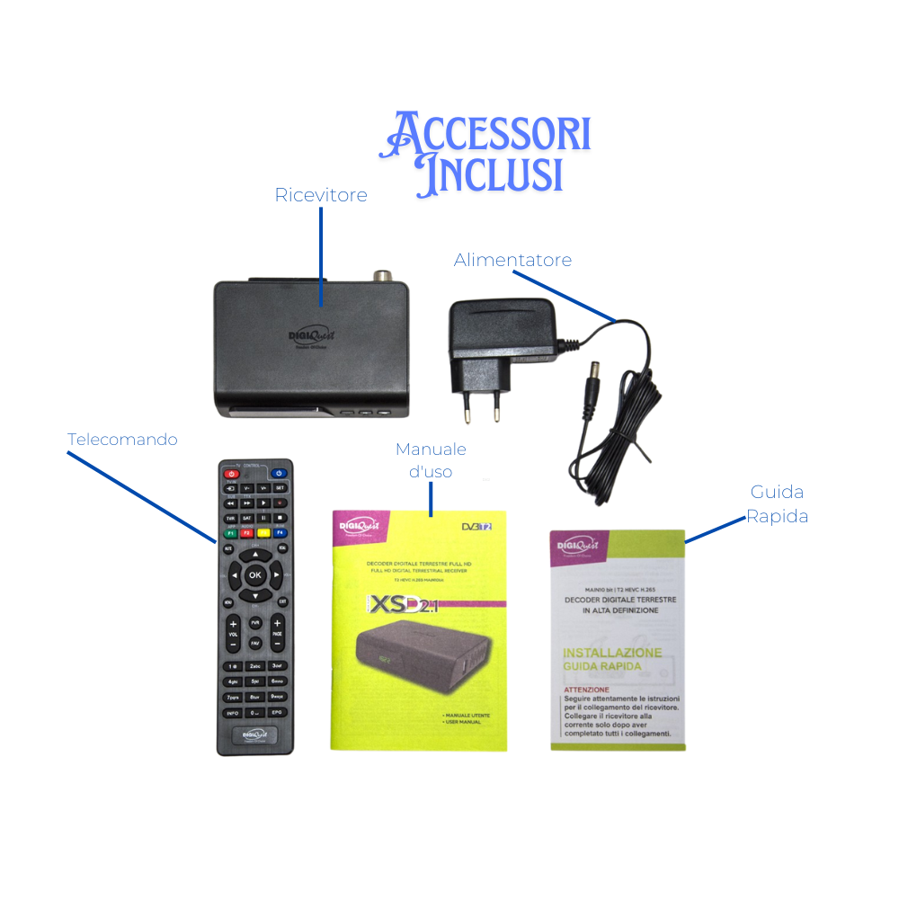 Digiquest decoder xsd 2.1 dvb-t2 hevc main 10 con telecomando nero full hd