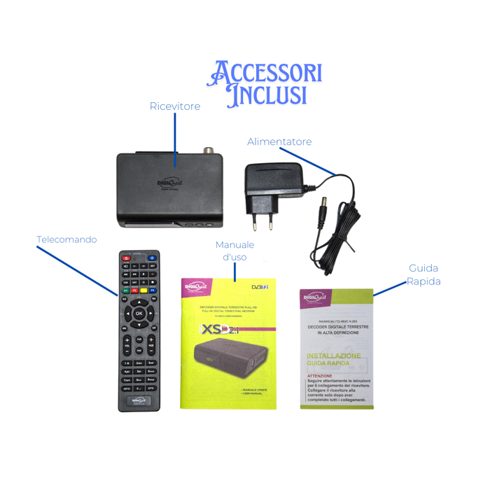 Digiquest decoder xsd 2.1 dvb-t2 hevc main 10 con telecomando nero full hd