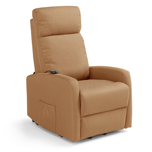 Poltrona relax elettrica Seattle Plus per anziani, 1 motore, 2 ruote, Kit Batteria, dimensioni contenute, tessuto antimacchia idrorepellente, colore Ambra