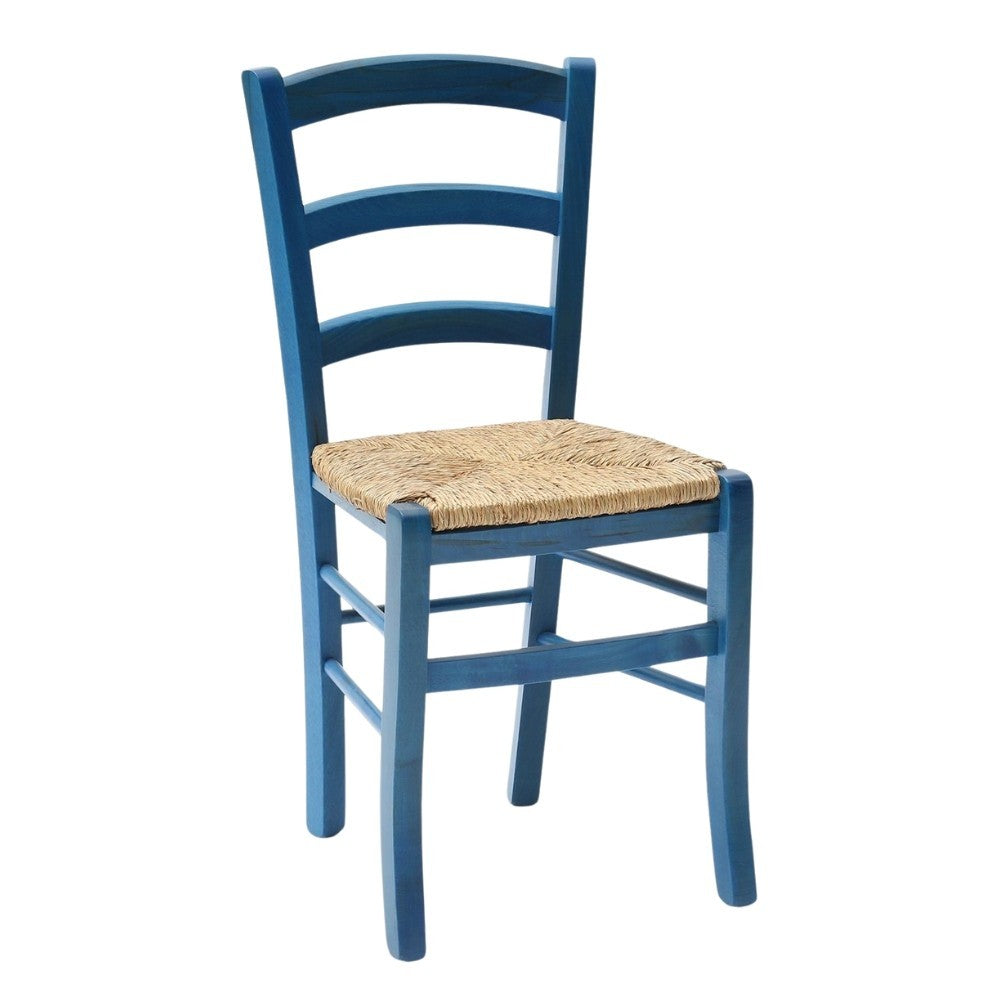 Sedia Venezia colore anilina celeste in legno di faggio con seduta in paglia set 2 pezzi