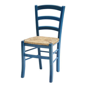 Sedia Venezia colore anilina celeste in legno di faggio con seduta in paglia set 2 pezzi