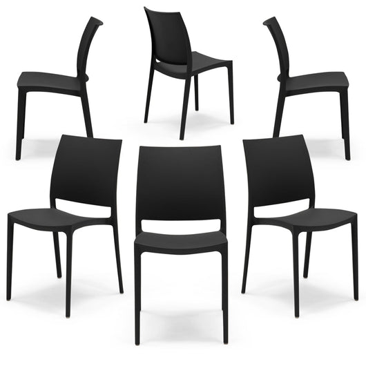 Set 6 sedie in polipropilene MOON impilabile resistente ai raggi UV design moderno ideale per sala da pranzo, cucina, giardino, bar, colore Nero Grafite