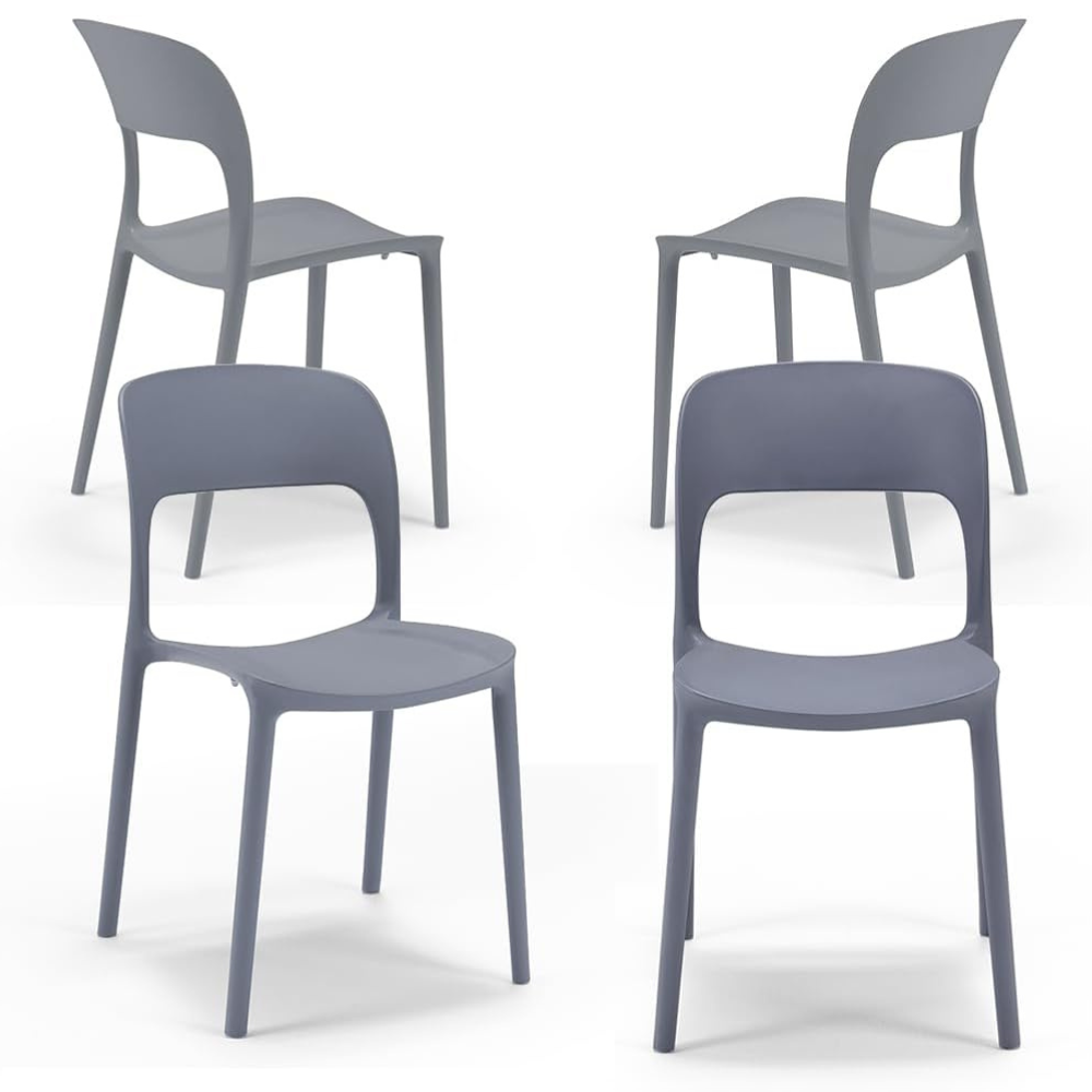 Set 4 sedie in polipropilene KATE, impilabile, resistente ai raggi UV, design moderno, ideale per sala da pranzo, cucina, sala d’attesa, bar, ristoranti o da esterno, colore Grigio Asfalto