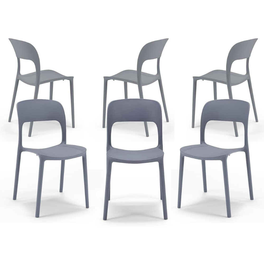 Set 6 sedie in polipropilene KATE, impilabile, resistente ai raggi UV, design moderno, ideale per sala da pranzo, cucina, sala d’attesa, bar, ristoranti o da esterno, colore Grigio Asfalto