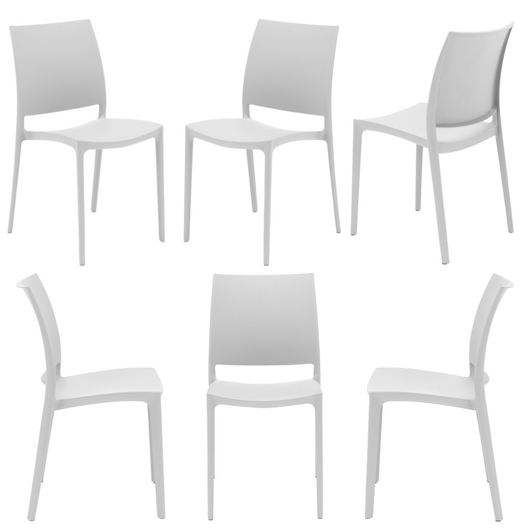 Set 6 sedie in polipropilene MOON impilabile resistente ai raggi UV design moderno ideale per sala da pranzo, cucina, giardino, bar, colore Bianco