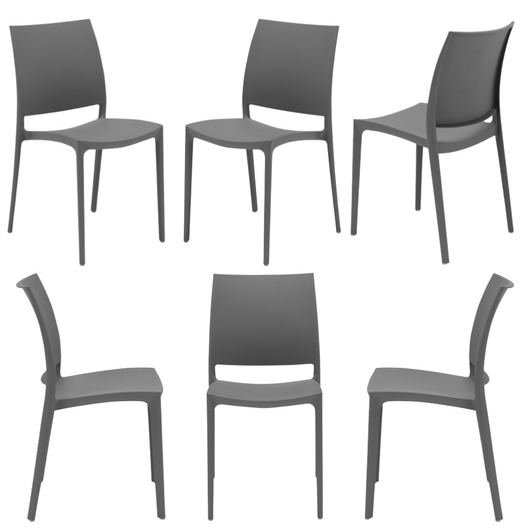 Set 6 sedie in polipropilene MOON impilabile resistente ai raggi UV design moderno ideale per sala da pranzo, cucina, giardino, bar, colore Grigio Metal
