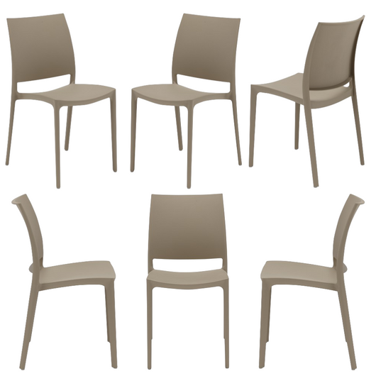 Set 6 sedie in polipropilene MOON impilabile resistente ai raggi UV design moderno ideale per sala da pranzo, cucina, giardino, bar, colore Tortora