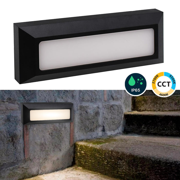 Faretto segnapassi esterno LED 6W CCT lampada rettangolare parete muro IP65 switch 3 temperature luce garage scale 230V colore NERO